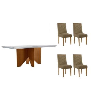 Imagem de Conjunto Sala de Jantar Nevada c/ Tampo Madeirado c/ Vidro Canto Curvo 120x80cm e 4 Cadeiras Maldivas Madeira Maciça Naturale/Off White - Capuccino/Su