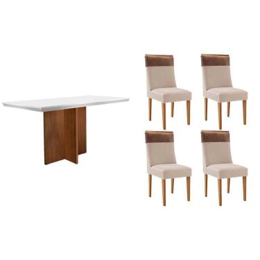 Imagem de Conjunto Sala de Jantar Berlim c/ Tampo Madeirado c/ Vidro Canto Curvo 120x80cm e 4 Cadeiras Jaspe Madeira Maciça Naturale/Off White - Capuccino/Suede