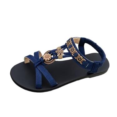 Imagem de Sandália feminina casual boêmia romana plana para praia lazer design de bico redondo, Azul royal, 35