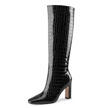 Imagem de Perisis Botas de cano alto femininas pretas longas botas altas de salto alto grosso bico quadrado padrão crocodilo botas de couro com zíper lateral para mulheres sexy, Padrão preto, 39