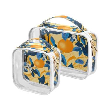 Imagem de GAIGEO Conjunto de bolsas de maquiagem transparentes para cães pug em cores arco-íris, bolsa de higiene pessoal de viagem, acessórios de viagem cosméticos, pacote com 2, Azul de laranjas em amarelo-3