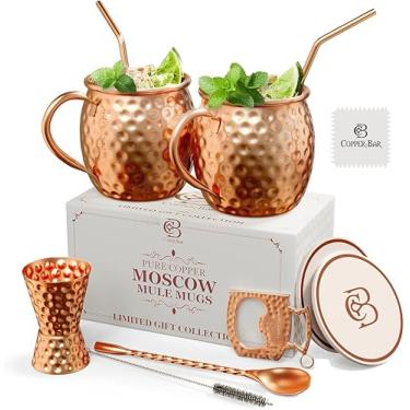 Imagem de COPPER-BAR Canecas de cobre Moscow Mule - Conjunto exclusivo de 2 presentes, martelado por artesão, copos de cobre sólido 100% puro de 473 ml para água potável e coquetéis, inclui 12 acessórios e