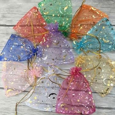 Imagem de Sacos de presente de organza 10/50/100 peças com estampa de estrela e lua - bolsas de cordão transparente (7 x 9 cm) para lembrancinhas de festa, casamento, chá de bebê, Páscoa, armazenamento de joias