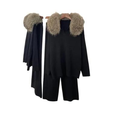 Imagem de Conjunto De Suéter De Tricô Feminino Primavera Outono Com Gola De Pele