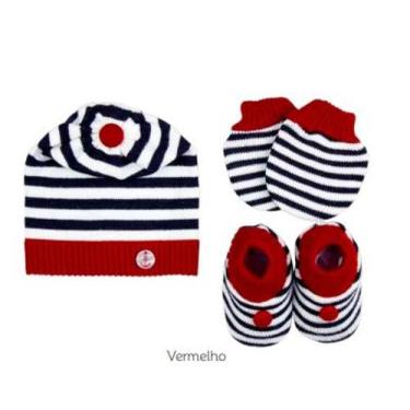 Imagem de Kit Touca Luva e Sapatinho Tricot Tricô VERMELHO COM MARINHO para Bebê