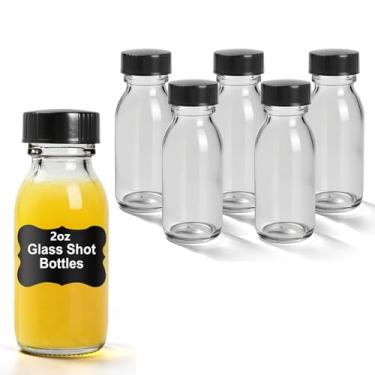 Imagem de Garrafas pequenas de vidro transparente de 59 ml com tampa e etiquetas - Frascos de dose Boston de 60 ml para gengibre, saúde, imunidade, dose de bem-estar, suco, amostra, uísque - Mini garrafas de