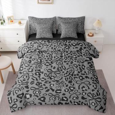 Imagem de Feelyou Conjunto de edredom com laço de leopardo, 7 peças, solteiro, cinza e estampa de guepardo, para crianças, meninos, meninas, meninas, lençol kawaii, decoração de quarto, microfibra leve e macia