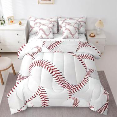 Imagem de Erosebridal Jogo de cama completo de beisebol, 7 peças, bolas 3D, conjunto de edredom com lençol vermelho e branco com tema esportivo de beisebol, competição esportiva moderna, para adolescentes