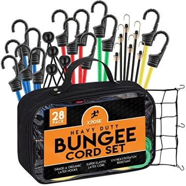 Imagem de Cordas elásticas elásticas para uso externo – Conjunto de 28 cordas elásticas de tamanhos variados – 101,6 cm, 81,2 cm, 60,9 cm, 45,7 cm com ganchos, mini cordas elásticas, laços de dossel, rede de bagagem de 38,1 cm x 38,1 cm