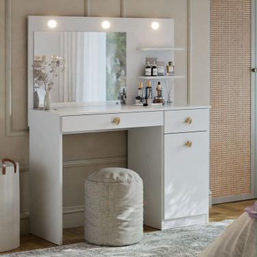Imagem de Penteadeira Jolie com Espelho Grande e Luzes LED Camarim 1 Gaveta 1 Porta Prateleiras 90cm – Ideal para Maquiagem e Organização