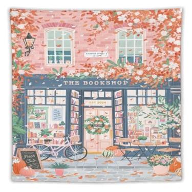 Imagem de Tapeçaria de fachada de livraria de primavera, tapeçaria de parede floral rosa de tinta a óleo, decoração sazonal aconchegante para sala de estar, quarto, decoração de arte de natureza quente 152 x