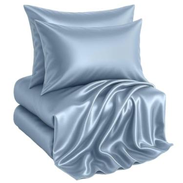 Imagem de Casa Platino Jogo de lençol queen de cetim - 4 peças - macio e suave como seda - 1 lençol com elástico, 1 lençol de cima e 2 fronhas queen - permanece macio após várias lavagens - Lençóis azuis