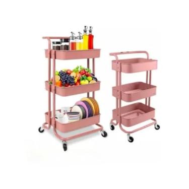 Imagem de Carrinho Organizador De Aço Reforçado – 3 Prateleiras + Alça Auxiliar com Rodinha, Multiuso para Casa e Armazenamento(Rosa)