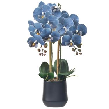 Imagem de WishTip Orquídeas artificial planta em vaso de cerâmica 47 cm orquídea falsa Phalaenopsis arranjo de flores para mesa de escritório em casa, decoração de interiores, azul empoeirado