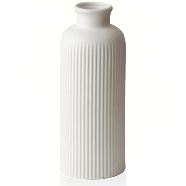 Imagem de Vaso de cerâmica com nervuras brancas naturais para flores, vaso decorativo texturizado moderno, 25 cm de altura, 10 cm de largura, decoração de casa estilo fazenda (branco bisco)
