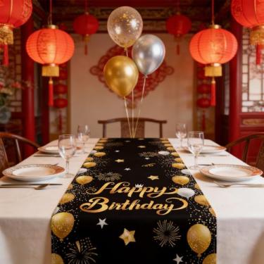 Imagem de Caminho de mesa de feliz aniversário de 33 x 182 cm, padrão de fogos de artifício de balões com estrelas, mesa de jantar, decoração de festa em casa, preto
