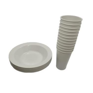 Imagem de Kit 15 Copos 300ml + 15 Pratos Fundos de Plástico – Festas, Merenda Escolar e Uso Infantil Seguro(15 Pratos Redondos + 15 Copos,Branco)