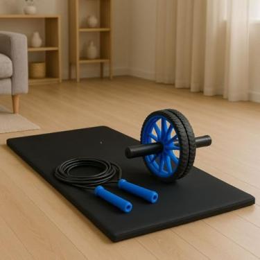 Imagem de Kit Treino Completo em Casa Colchonete Corda de Pular e Roda Abdominal Fitness(Azul)