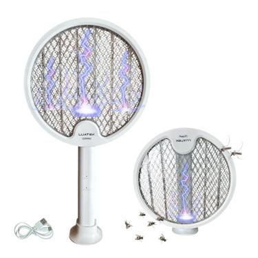 Imagem de Raquete Elétrica Mata Mosquito Pernilongo E Insetos Dobrável LED Recarregável USB Armadilha Contra Dengue UV Luz Azul E Com Base Bivolt