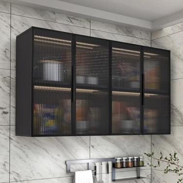 Imagem de Armário de armazenamento de porta de vidro montado na parede - Armário de parede de cozinha e banheiro de madeira maciça, 130 x 58 x 22 cm - Armazenamento de parede elegante para organização de