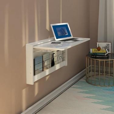 Imagem de Mesa dobrável montada na parede de madeira com folhas suspensas de parede mesa de cozinha dobrável com rack de armazenamento bancada suspensa dobrável fácil de montar para cozinha, escritórios