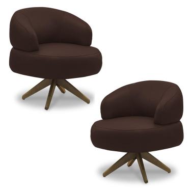 Imagem de Kit 2 Poltronas Decorativas Katy Sala de Estar Base Giratória Madeira Couro Marrom Chocolate