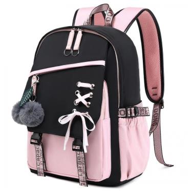 Imagem de Mochila FENGDONG rosa para adolescentes, estilo kawaii com laço e pompom, para notebook até 15,6"