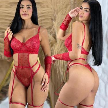 Imagem de Body Tule C Luvas e Cinta Liga Renda Tule Luvas Rendadas Delicada Sens