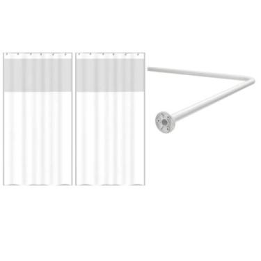 Imagem de Kit Suporte Varão Banheiro Curvo Em L + 2 Cortina Box Branca - Maxeb