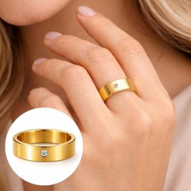 Imagem de Aliança Noivado Dourada com Zircônai 6mm em Aço Inoxidável Tamanho:21 