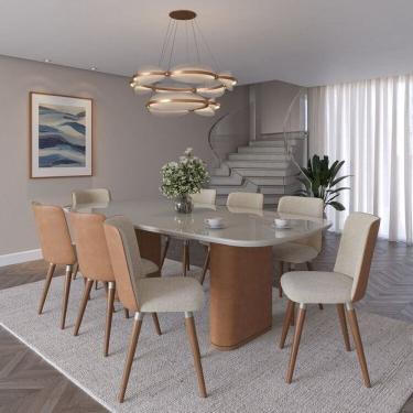Imagem de Conjunto Sala de Jantar Lintz Retangular com 8 Cadeiras Giratórias com Pés em Madeira Maciça Dakota Off-White com Caramelo