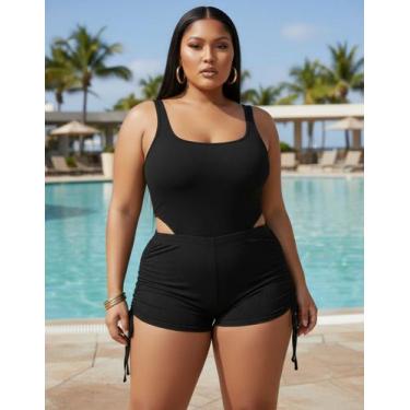 Imagem de Kit Maiô E Short Plus Size Forrado Canelado Praia Ajustável - MEG, Pre