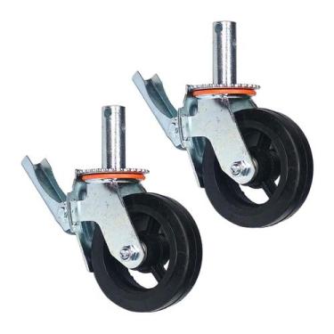 Imagem de Kit 2 Rodízios Giratórios Roda Metálica Borracha Andaime 6" Trava Frei