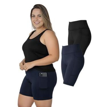 Imagem de Kit 2 Bermudas Fitness Bolsos Laterais Para Celular Plus Size Cor:Azul