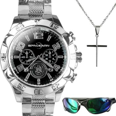 Imagem de Kit Acessórios Masculinos Orizom Spaceman em Aço Inoxidável Prata com Relógio, Corrente, Pingente Cruz e Óculos de Sol