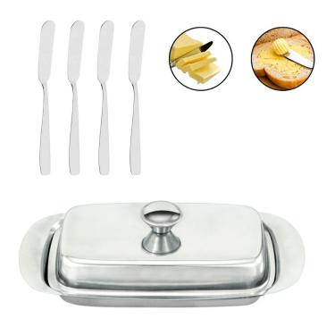 Imagem de Manteigueira com Espátulas Kit Manteigueira Retangular Inox Tampa + 4 Espátula para Ser...