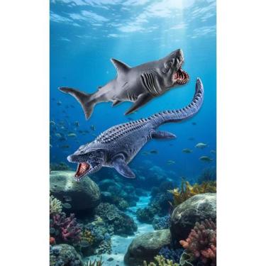 Imagem de 2x Kit 2 Miniaturas Tubarão e Mosassauro Realista Vinil 26/3 - Congrat