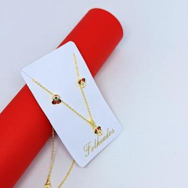 Imagem de Kit Colar e Brincos Infantil com pingente Delicado Minnie Mickey Folhe