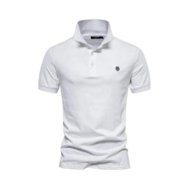 Imagem de Camisas Polo Masculinas 100% Algodão Com Bordado, Cor Sólida, Manga Cu
