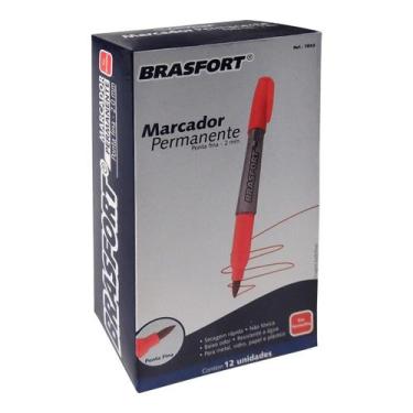 Imagem de Kit 12 caneta marcador permanente brasfort ponta fina verm