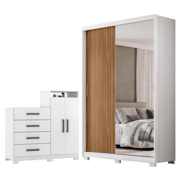 Imagem de Guarda Roupa Casal Riva Branco Amêndola Touch Flex com Espelho e Pés e Cômoda Sapateira Áurea Branco Brilho com Pés - Demóbile