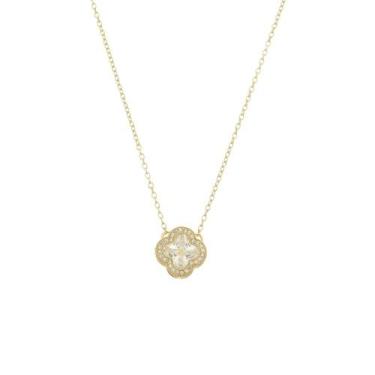 Imagem de Colar Trevo com Pedra Cristal Cravejado de Zircônias Banho Ouro 18K - 