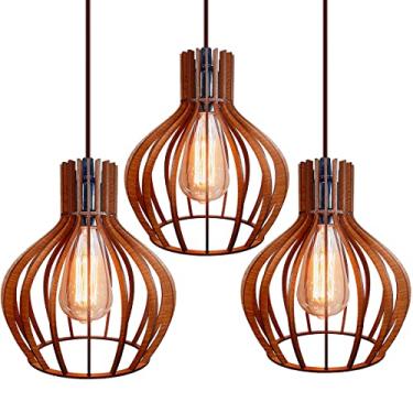 Imagem de Kit 3 Pendente De Madeira Moderno Lustre Luminária De Teto (Marrom)