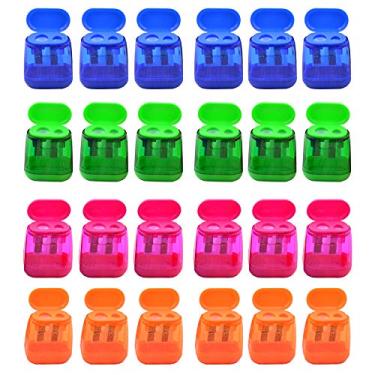 Imagem de Apontador de lápis AUSTARK manual, apontador de lápis pequeno de furos duplos com tampa para escritório escolar casa, Rose Red, Green, Orange, Blue, Geometry