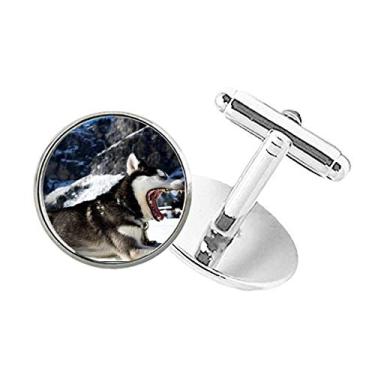 Imagem de DIYthinker Abotoaduras de botão redondo com estampa de husky de cachorro de boca grande