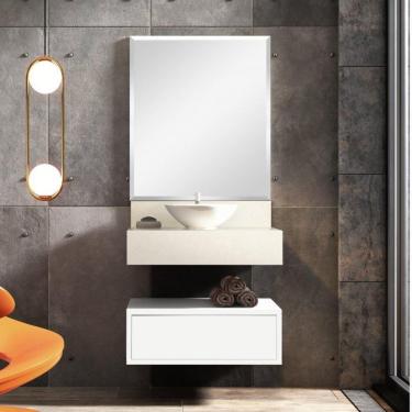 Imagem de Conjunto para Banheiro Max 60cm com Espelho, Gaveteiro, Bancada em Porcelanato e Cuba de Apoio Bumi Branco