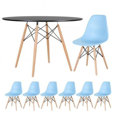 Imagem de Mesa Redonda Eames 120cm Preto + 6 Cadeiras Azul Claro