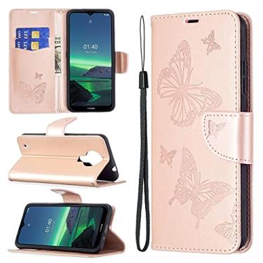 Imagem de HONGYAN Capa de telefone Para Nokia 1.4 Relevo duas borboletas Padrão Flip PU Caso de couro PU com suporte e cartolina e carteira e cordão Capa protetora