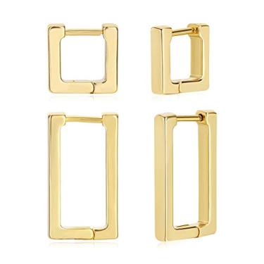 Imagem de 2 pares de brincos de argola minimalistas banhados a ouro 14 K, pequenos, geométricos, quadrados, retangulares e aros para meninas, mulheres, presente, ouro, prata e preto, Cobre, Ágata