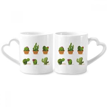 Imagem de Conjunto de canecas de porcelana para casais com ilustração de plantas de suculentas de cacto, xícara de amante de cerâmica com alça de coração